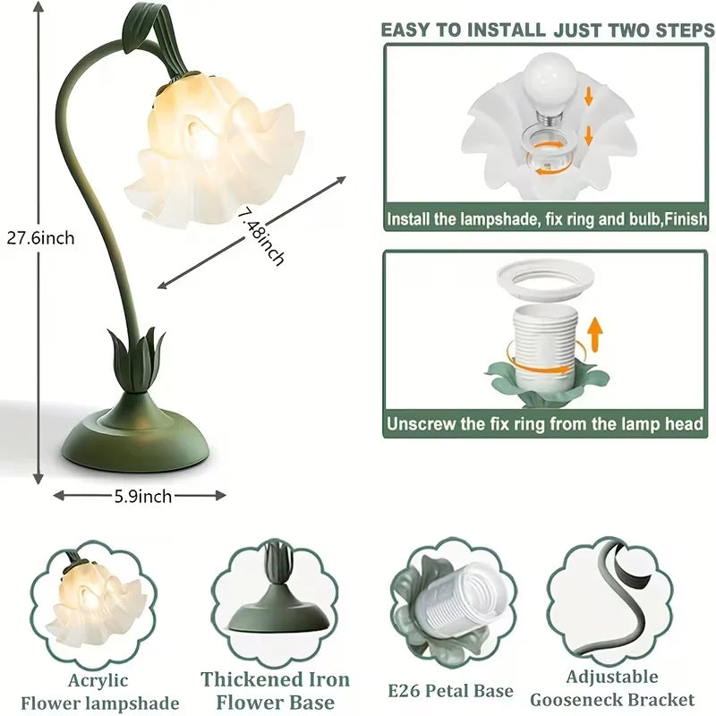 European Style Romantic Flower Table Lamp LED Warm Elegant Nightstand Light for Bedroom Living Room Office Hotel Home Lighting