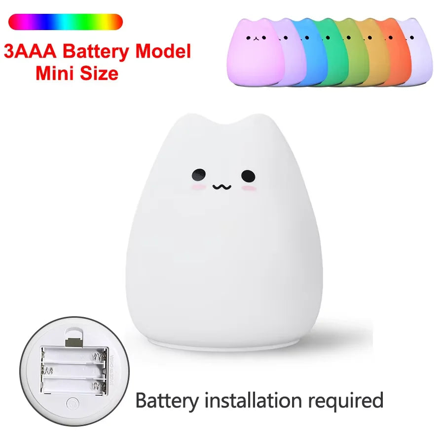 Cute Cat Night Light RGB Color Changing Nursery Nightlights with Warm White and 7-Color Breathing Modes For Kids Baby Children