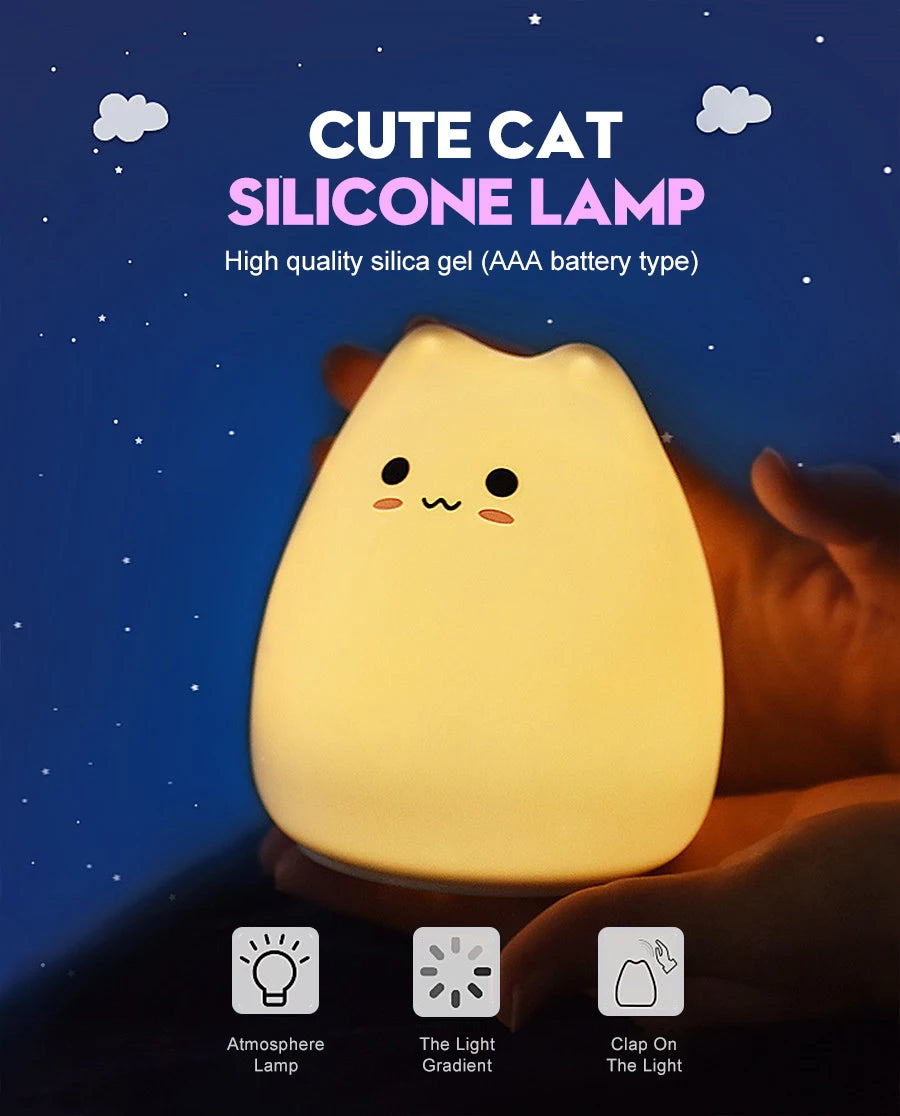 Cute Cat Night Light RGB Color Changing Nursery Nightlights with Warm White and 7-Color Breathing Modes For Kids Baby Children