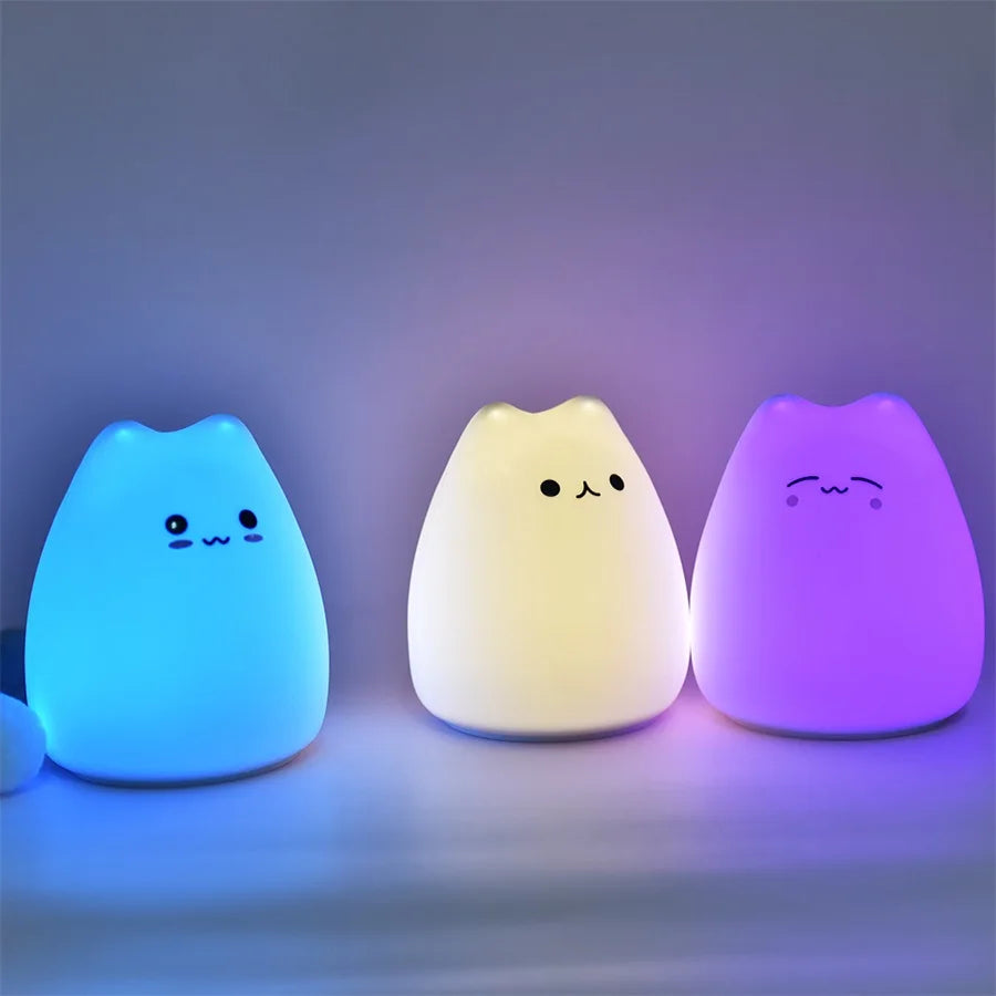 Cute Cat Night Light RGB Color Changing Nursery Nightlights with Warm White and 7-Color Breathing Modes For Kids Baby Children