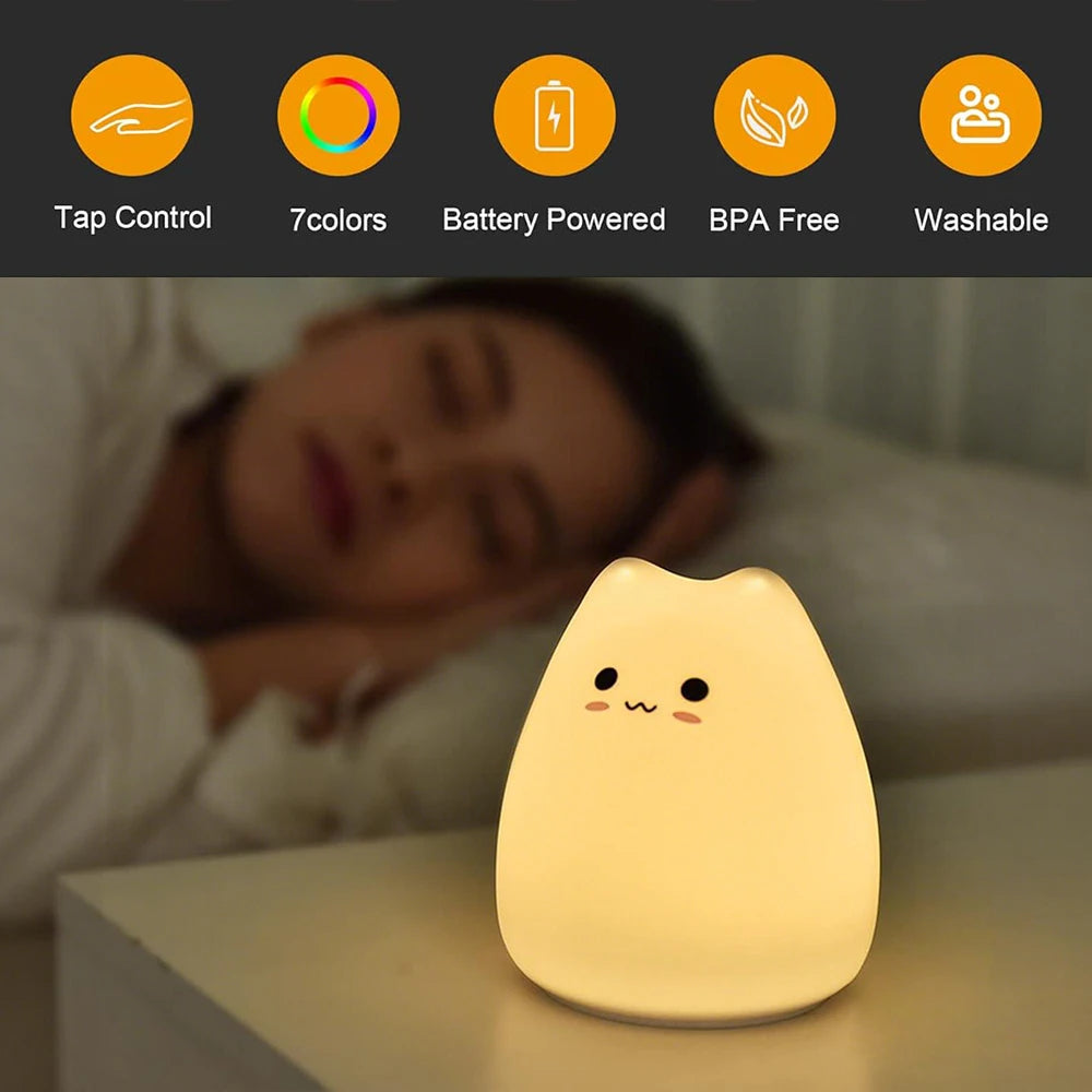 Cute Cat Night Light RGB Color Changing Nursery Nightlights with Warm White and 7-Color Breathing Modes For Kids Baby Children