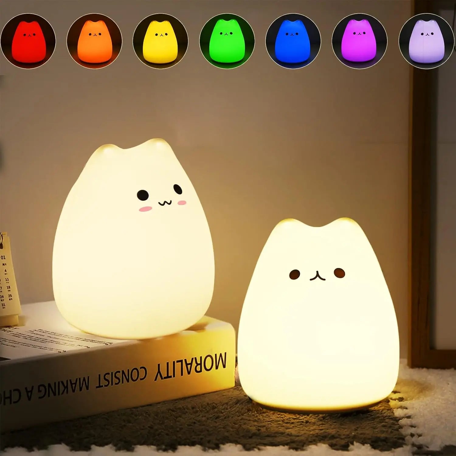 Cute Cat Night Light RGB Color Changing Nursery Nightlights with Warm White and 7-Color Breathing Modes For Kids Baby Children