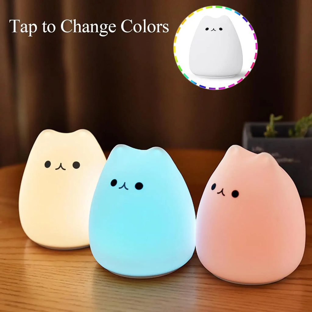 Cute Cat Night Light RGB Color Changing Nursery Nightlights with Warm White and 7-Color Breathing Modes For Kids Baby Children