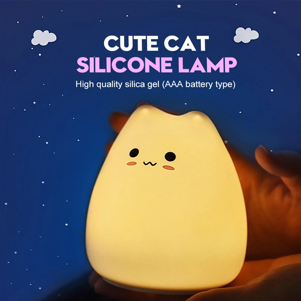 Cute Cat Night Light RGB Color Changing Nursery Nightlights with Warm White and 7-Color Breathing Modes For Kids Baby Children