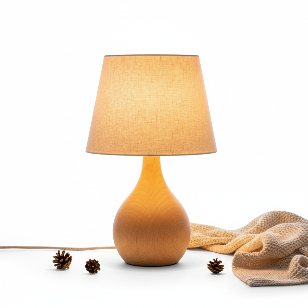 Cozy Amber Glow Table Lamp with warm fabric shade and wooden base