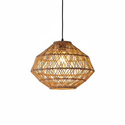 Boho rattan woven pendant lamp with warm glowing light