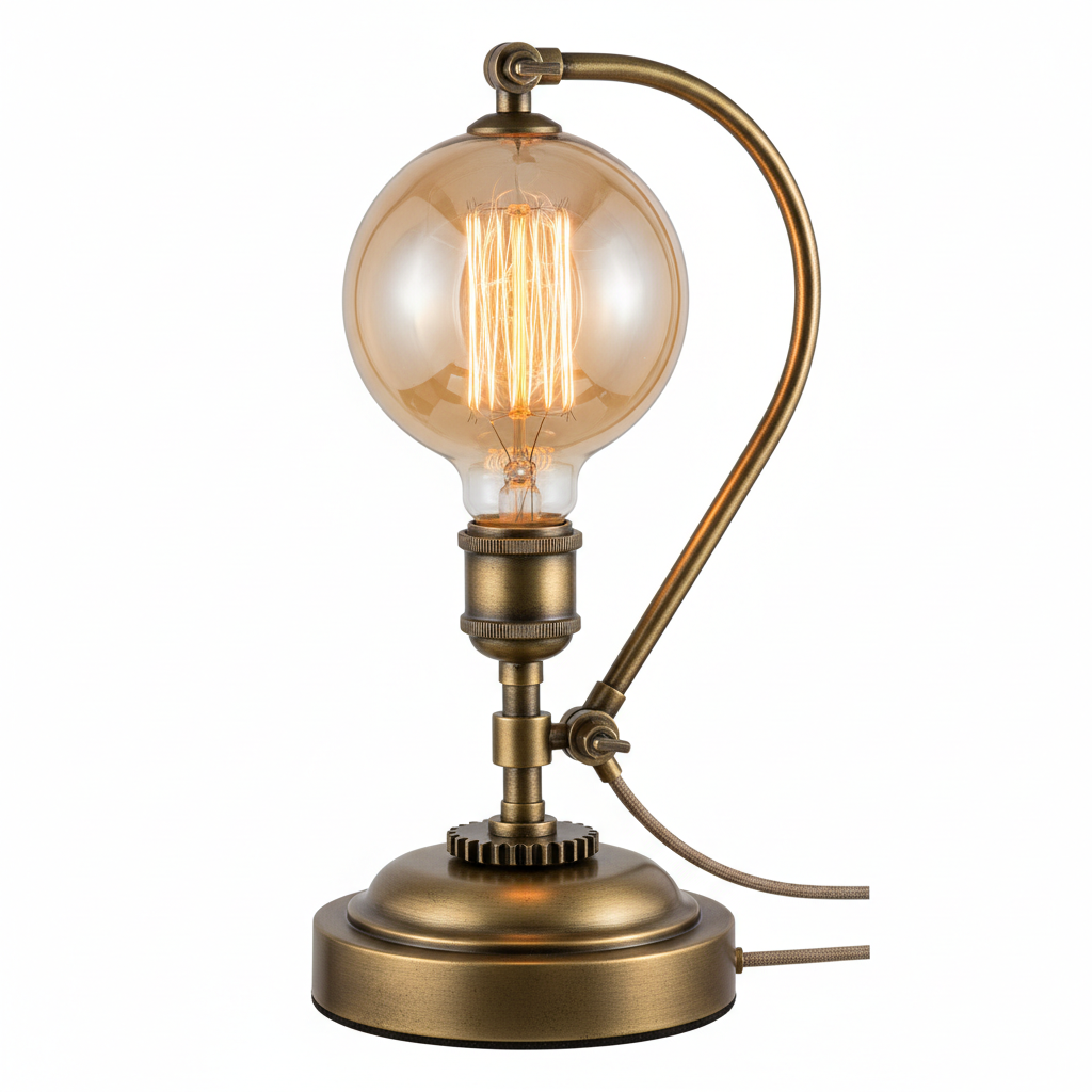 Vintage Edison bulb table lamp with antique brass base and warm amber filament glow