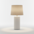 Minimalist ceramic bedside lamp with linen drum shade and warm soft light