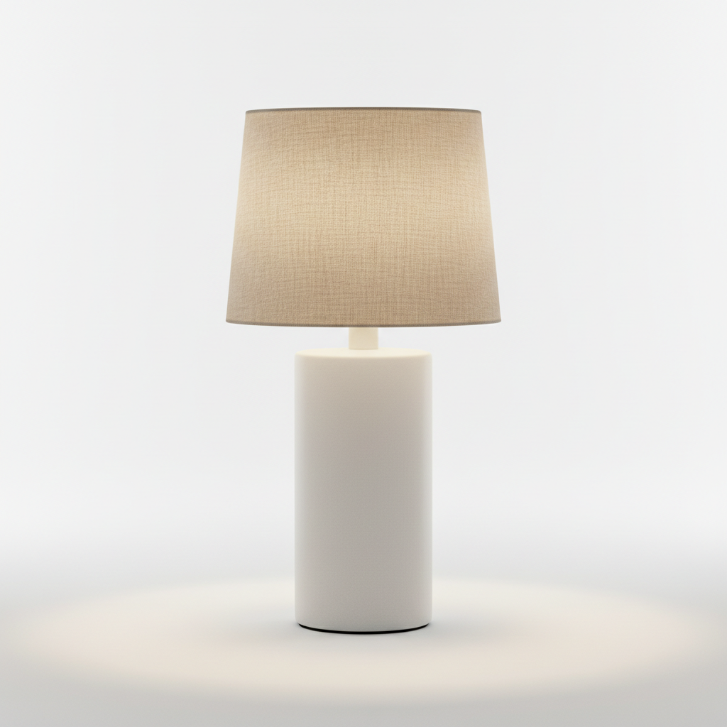 Minimalist ceramic bedside lamp with linen drum shade and warm soft light