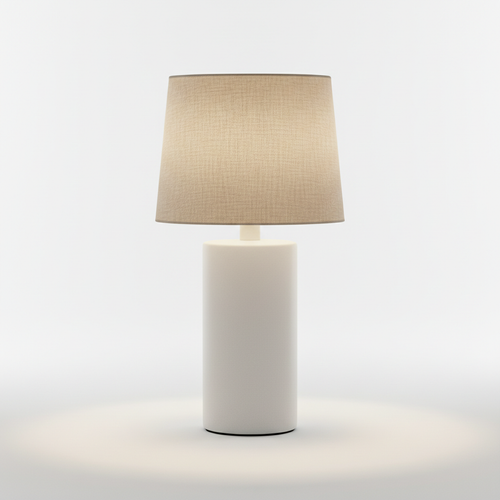 Minimalist ceramic bedside lamp with linen drum shade and warm soft light